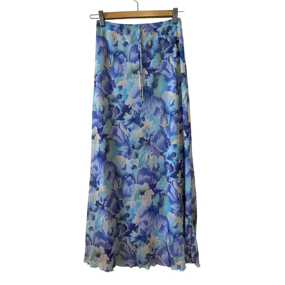 Vintage 90s Maxi Skirt S Blue‎ Floral Mesh Lettuce Hem Elastic Waist Made in USA